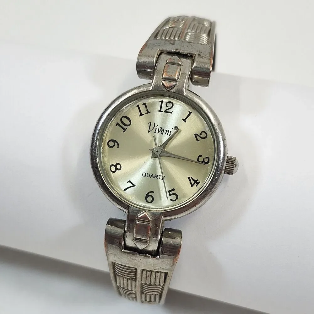 Vivani Watch Women's K4100AB Quartz Cuff Bangle Silver Tone PC21S VTG Accutime